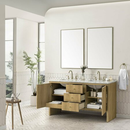 James Martin Vanities Hudson 60in Double Vanity, Light Natural Oak w/ 3 CM Carrara Marble Top 435-V60D-LNO-3CAR